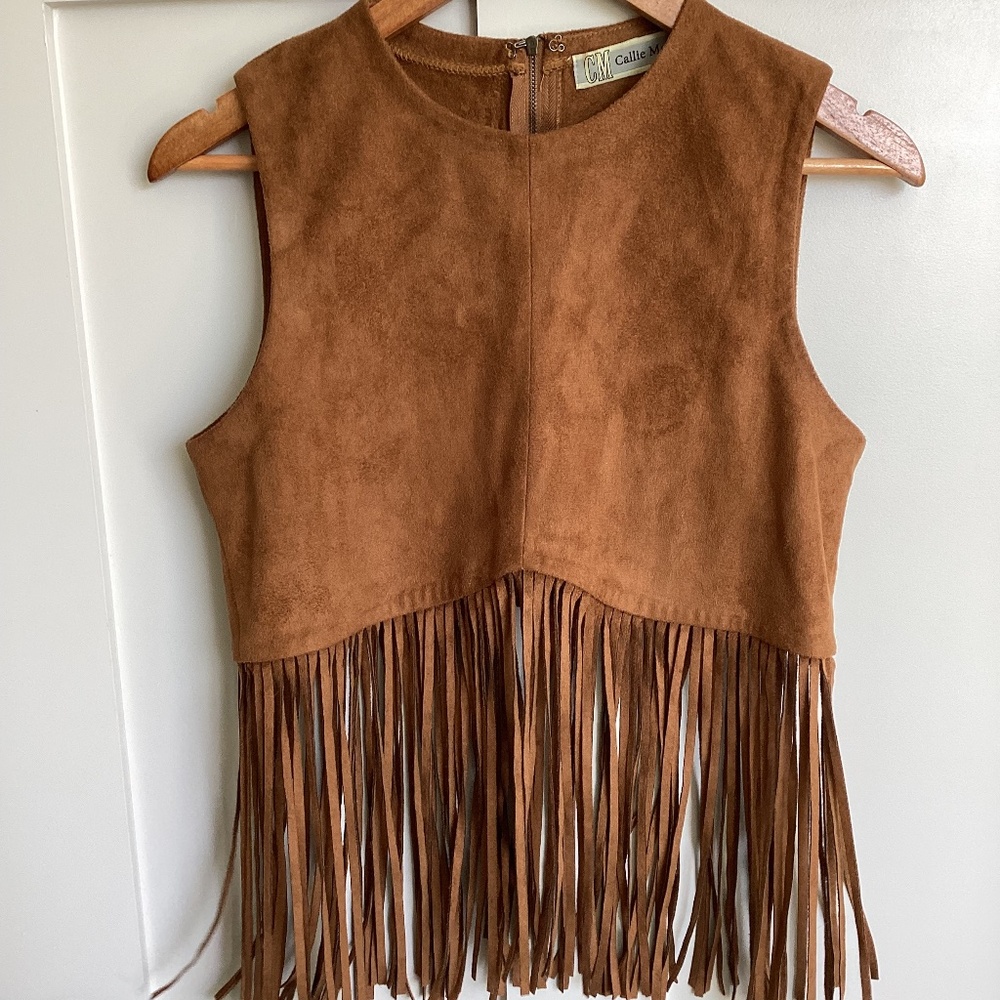 Vintage Faux Suede Fringe Top Festival Boho Western Coachella Stagecoach Hippie